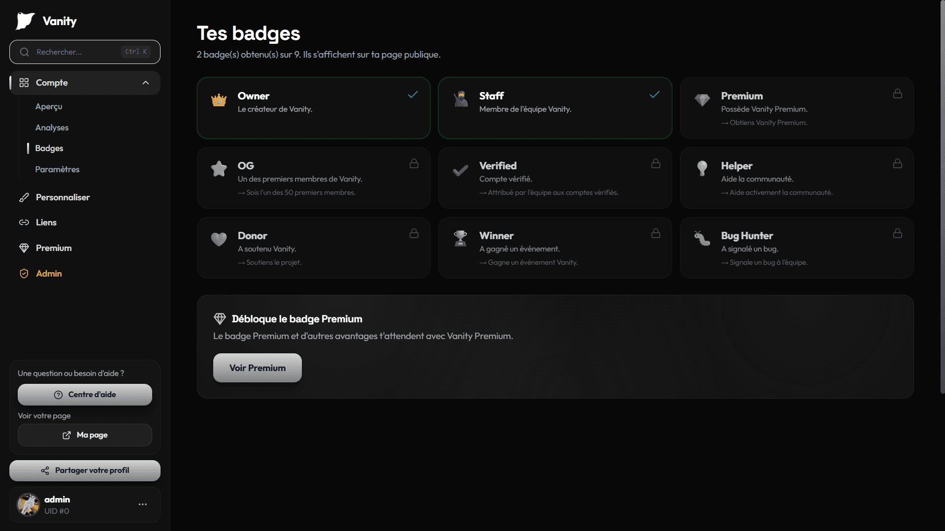 Page des badges Vanity