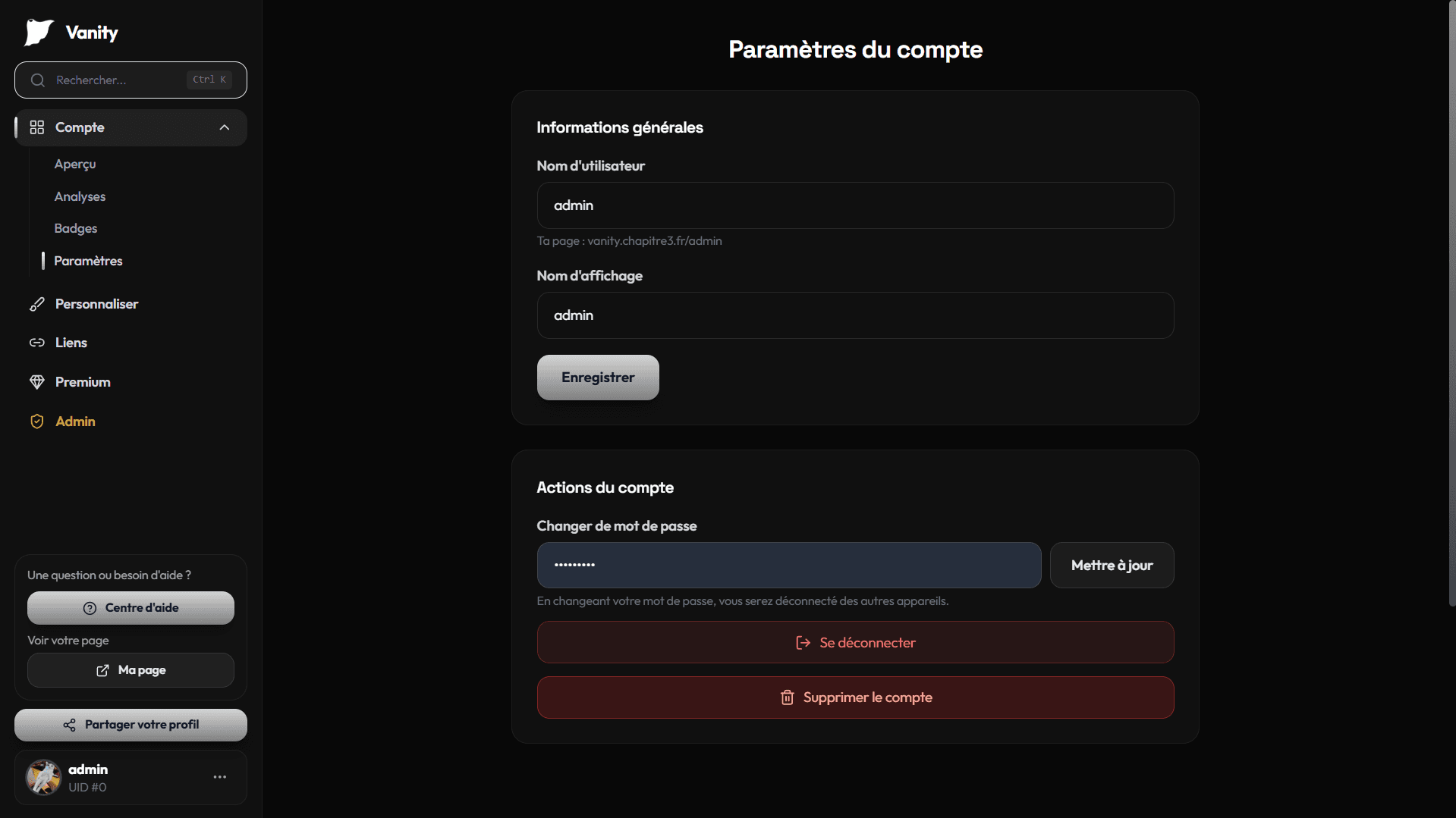 Paramètres du compte Vanity