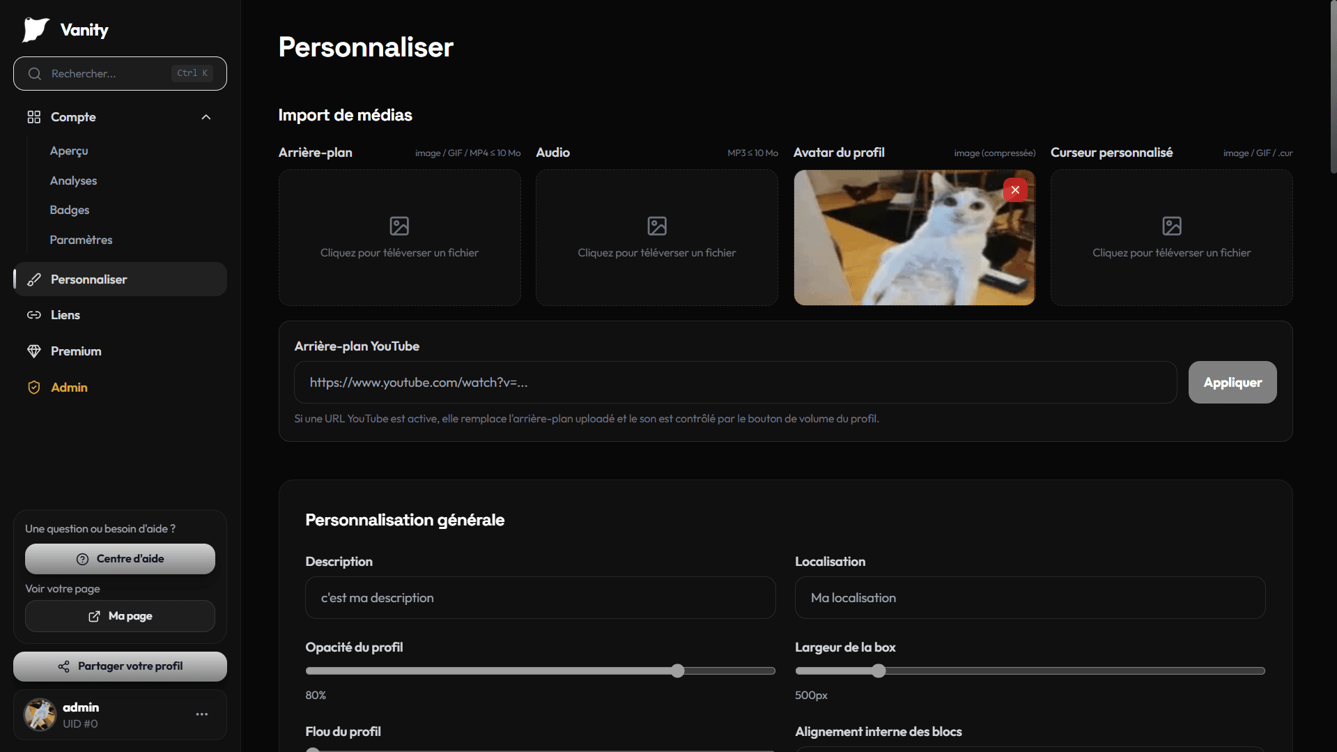 Page de personnalisation Vanity